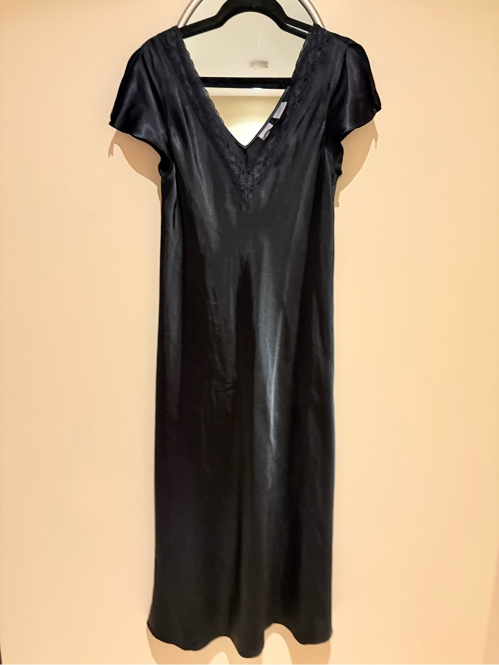 Enchanting, Black Nightgown, Chemise, Satin & Lace Trim Size Medium